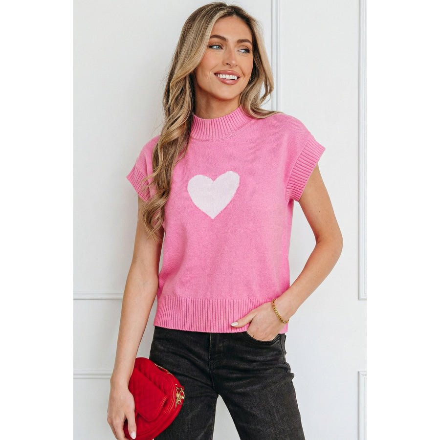 Pink Valentine Heart Graphic Cropped Short Sleeve Sweater Pink / S / 52% Viscose + 26% Polyester + 22% Polyamide Sweaters & Cardigans/Short