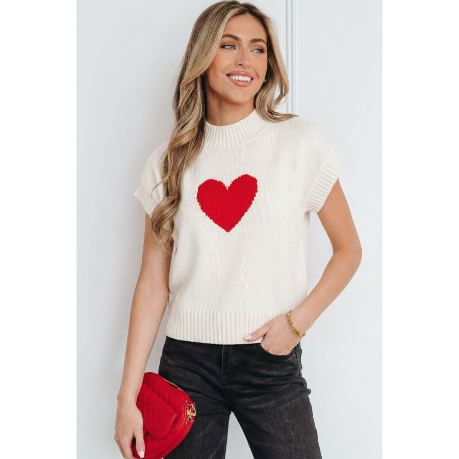 Pink Valentine Heart Graphic Cropped Short Sleeve Sweater White / S / 52% Viscose + 26% Polyester + 22% Polyamide Sweaters &