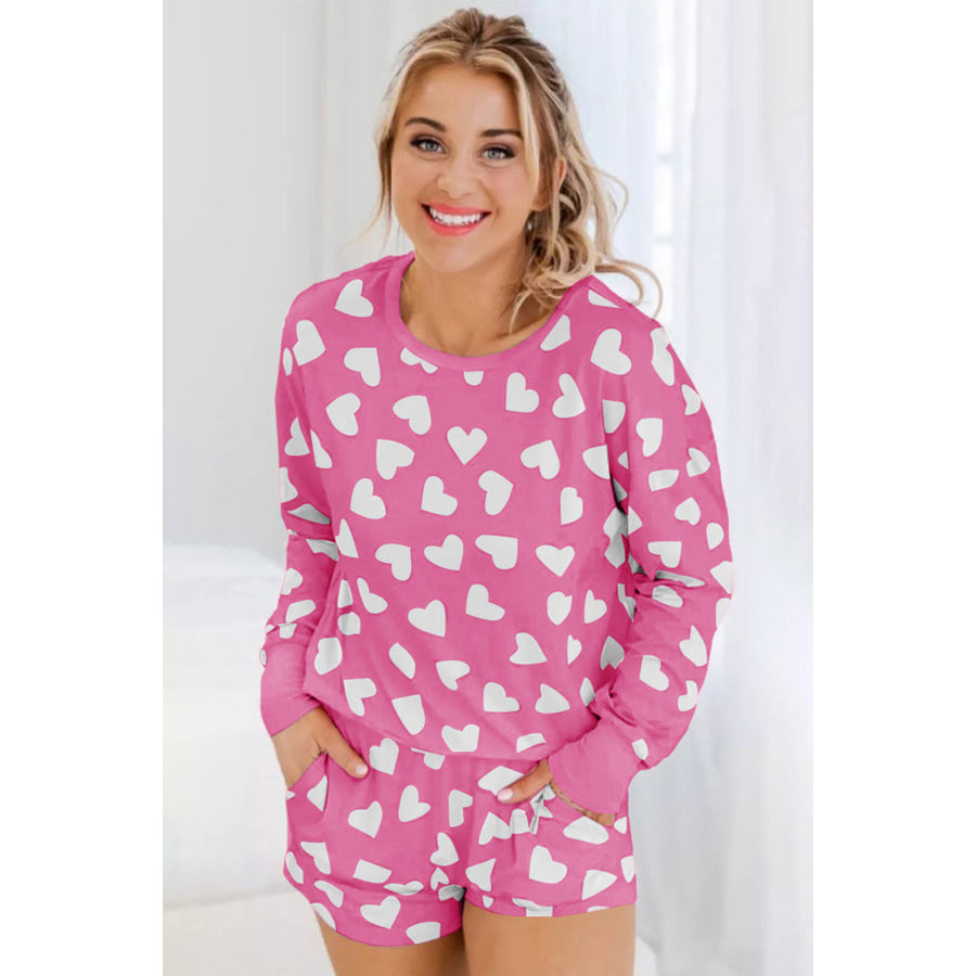 Pink Valentine Heart Shape Print Long Sleeve Top Shorts Lounge Set Loungewear & Sleepwear/Loungewear