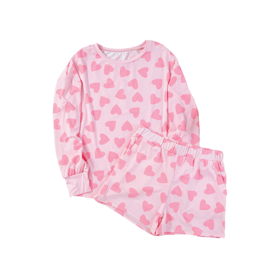 Pink Valentine Heart Shape Print Long Sleeve Top Shorts Lounge Set Loungewear & Sleepwear/Loungewear