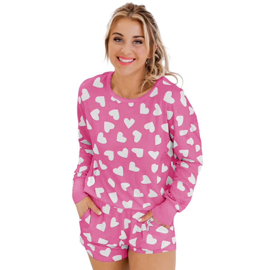 Pink Valentine Heart Shape Print Long Sleeve Top Shorts Lounge Set Loungewear & Sleepwear/Loungewear