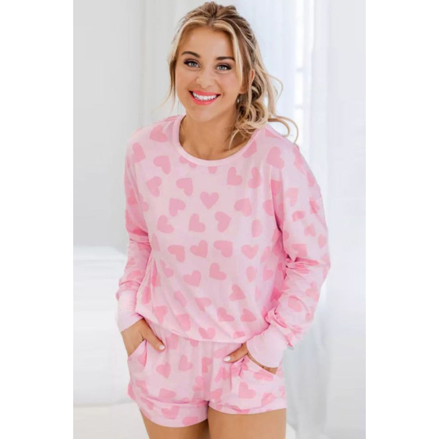 Pink Valentine Heart Shape Print Long Sleeve Top Shorts Lounge Set Loungewear & Sleepwear/Loungewear