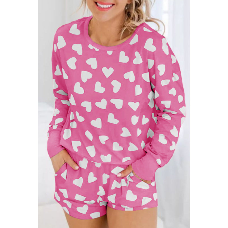 Pink Valentine Heart Shape Print Long Sleeve Top Shorts Lounge Set Pink1 / S / 95% Polyester + 5% Elastane Loungewear & Sleepwear/Loungewear
