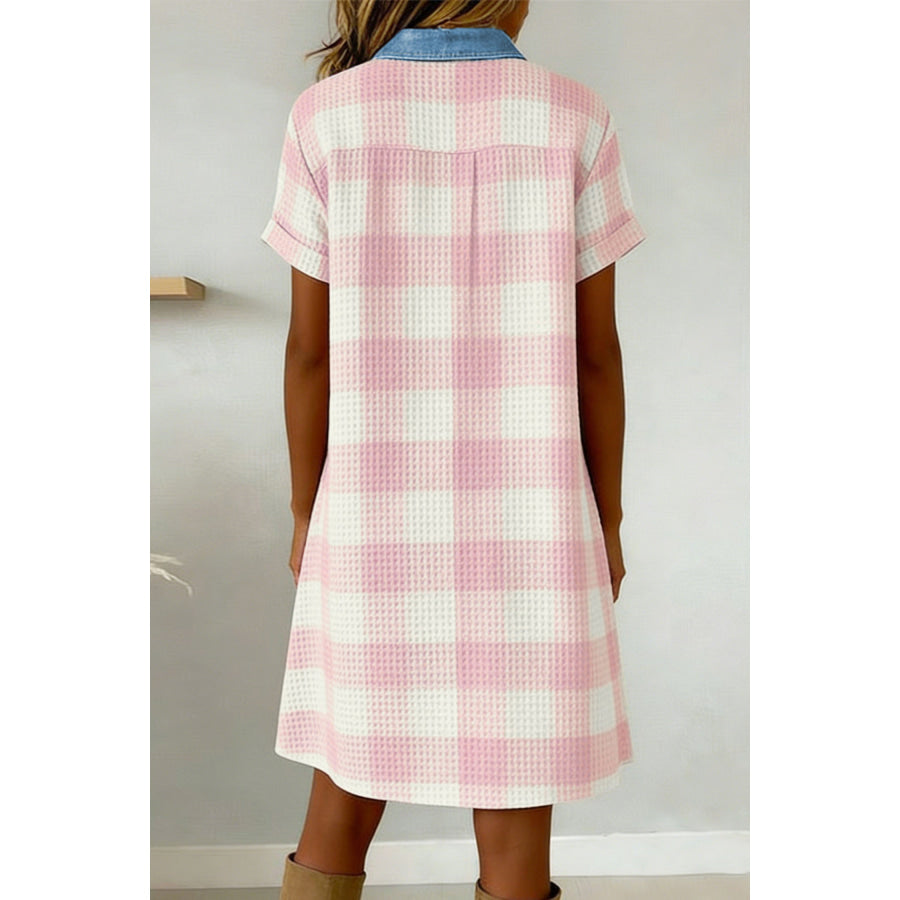 Pink Waffle Plaid Print Contrast Denim Shirt Collar Buttoned T Shirt Mini Dress Pink / S / 100% Polyester Dresses/T Shirt Dresses