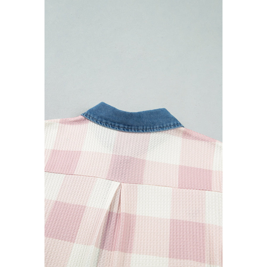 Pink Waffle Plaid Print Contrast Denim Shirt Collar Buttoned T Shirt Mini Dress Dresses/T Shirt Dresses