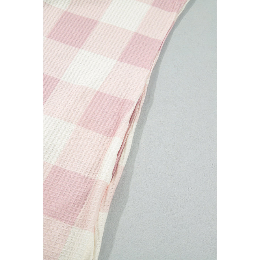 Pink Waffle Plaid Print Contrast Denim Shirt Collar Buttoned T Shirt Mini Dress Dresses/T Shirt Dresses