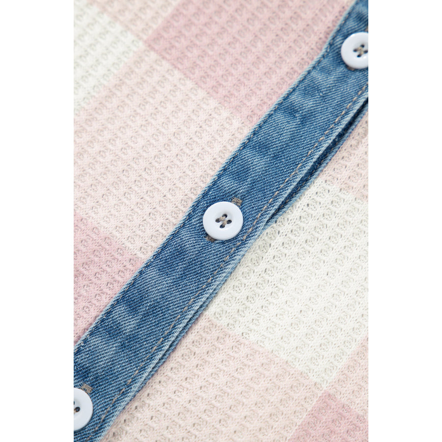 Pink Waffle Plaid Print Contrast Denim Shirt Collar Buttoned T Shirt Mini Dress Dresses/T Shirt Dresses