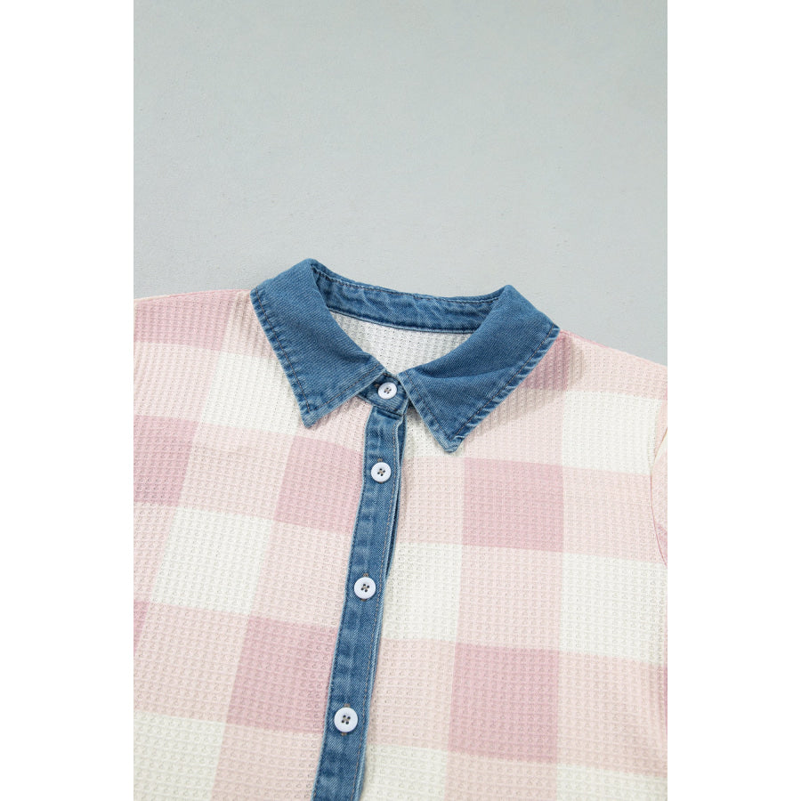 Pink Waffle Plaid Print Contrast Denim Shirt Collar Buttoned T Shirt Mini Dress Dresses/T Shirt Dresses