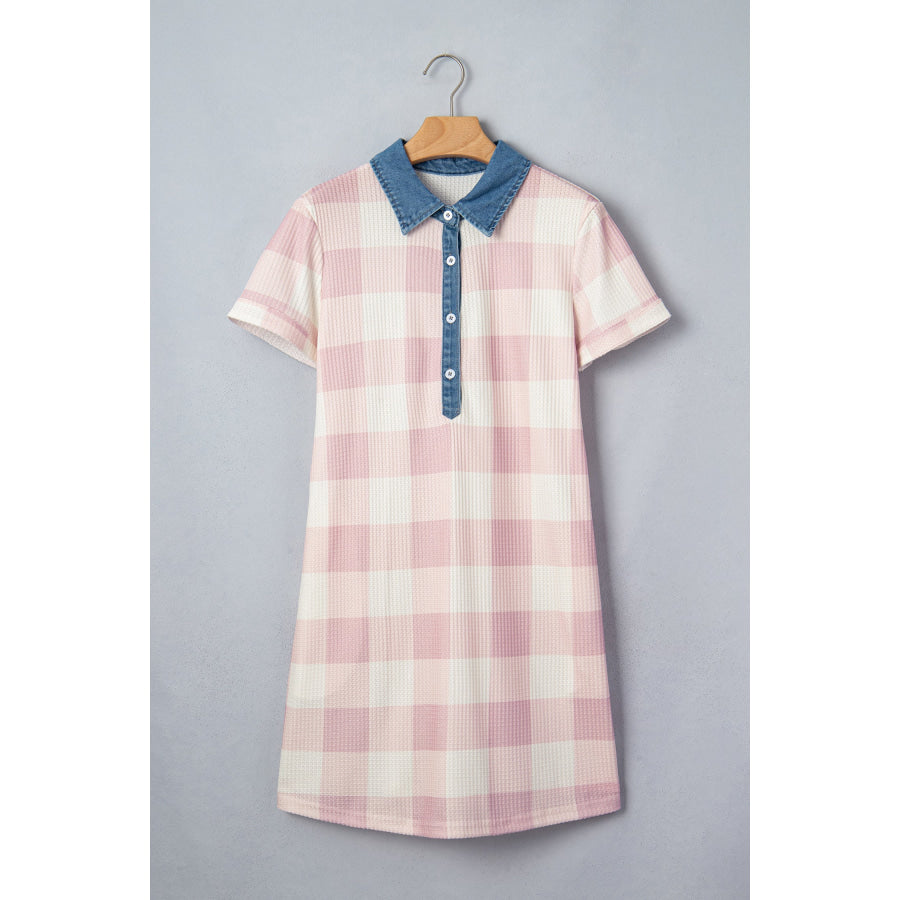 Pink Waffle Plaid Print Contrast Denim Shirt Collar Buttoned T Shirt Mini Dress Dresses/T Shirt Dresses