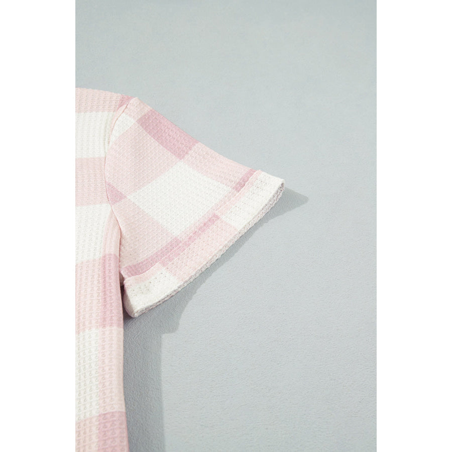 Pink Waffle Plaid Print Contrast Denim Shirt Collar Buttoned T Shirt Mini Dress Dresses/T Shirt Dresses
