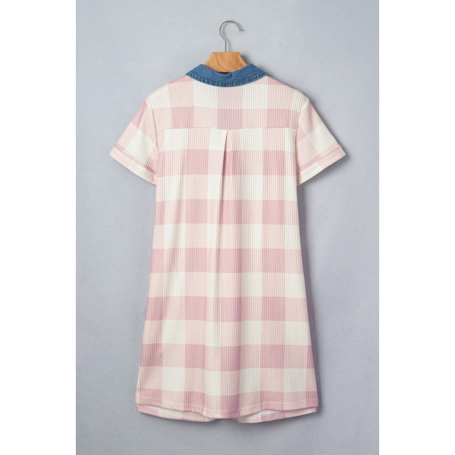 Pink Waffle Plaid Print Contrast Denim Shirt Collar Buttoned T Shirt Mini Dress Dresses/T Shirt Dresses