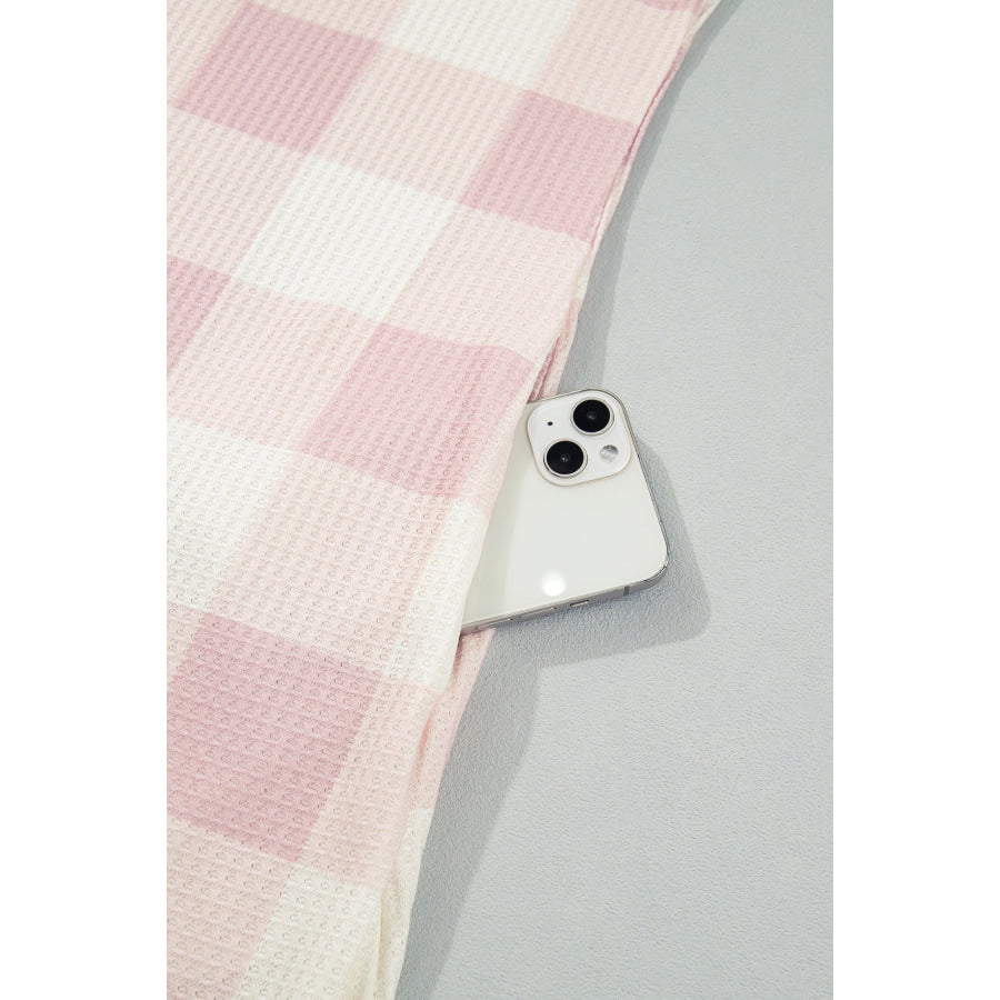 Pink Waffle Plaid Print Contrast Denim Shirt Collar Buttoned T Shirt Mini Dress Dresses/T Shirt Dresses