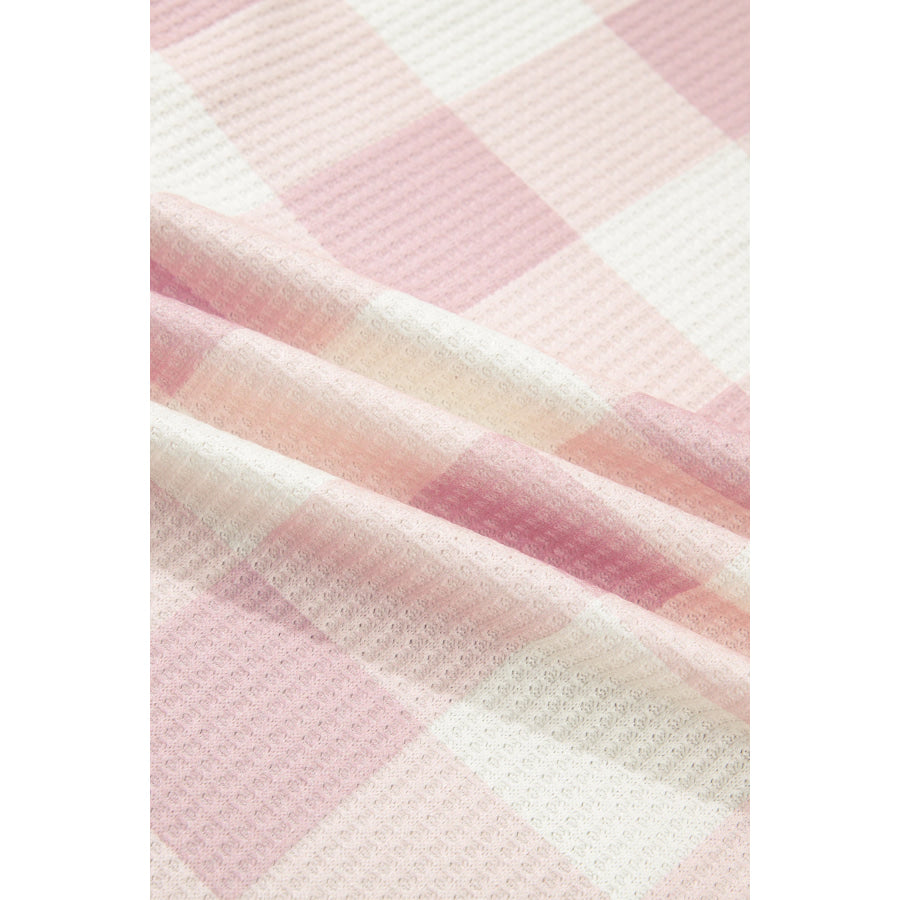 Pink Waffle Plaid Print Contrast Denim Shirt Collar Buttoned T Shirt Mini Dress Dresses/T Shirt Dresses