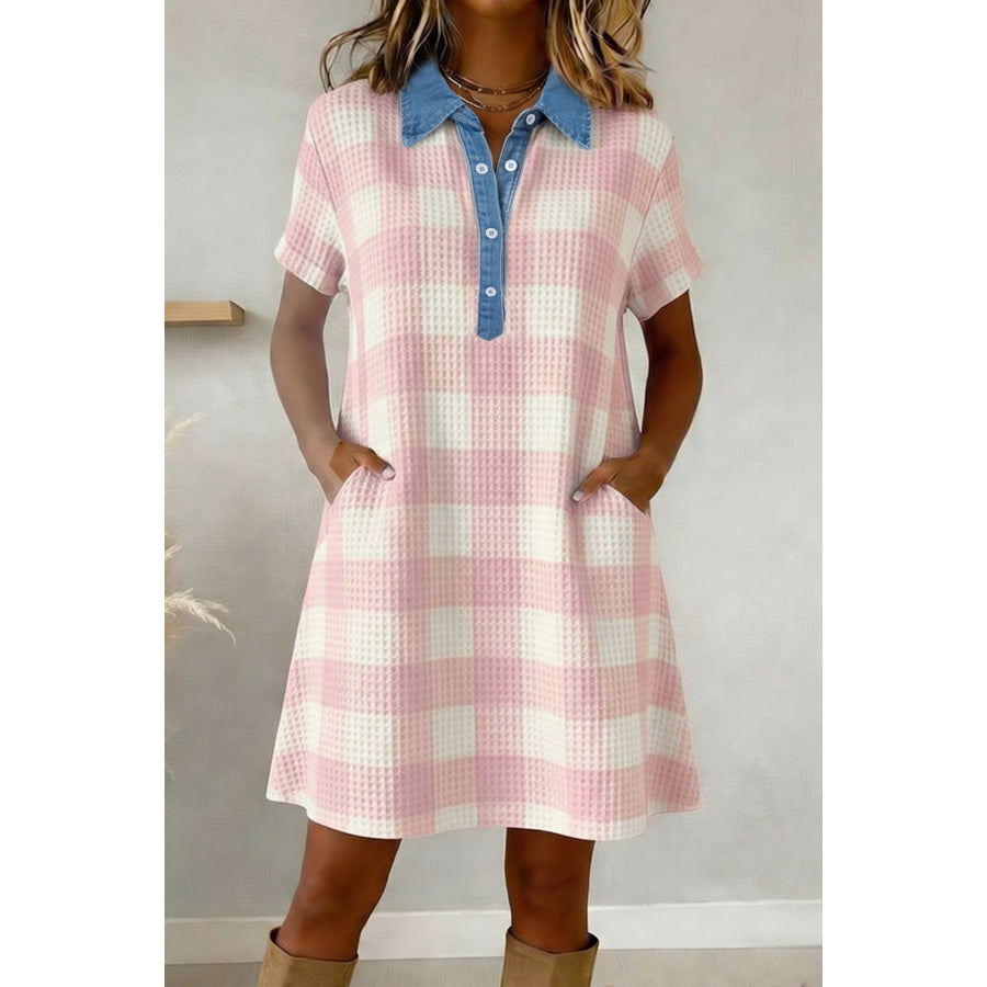Pink Waffle Plaid Print Contrast Denim Shirt Collar Buttoned T Shirt Mini Dress Pink / S / 100% Polyester Dresses/T Shirt Dresses