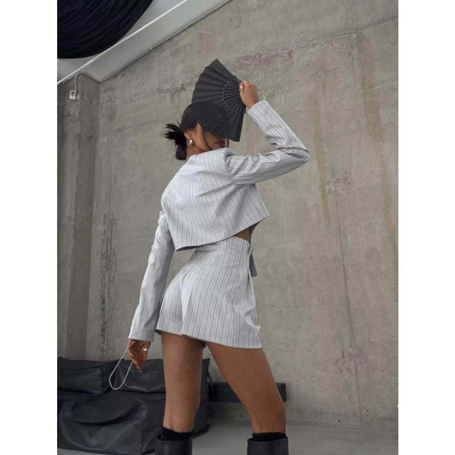 Pinstripe Cropped Blazer and Pleated Shorts Set Apparel and Accessories