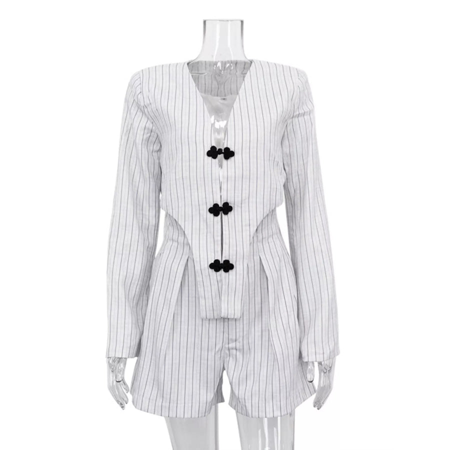 Pinstripe Cropped Blazer and Pleated Shorts Set Apparel and Accessories