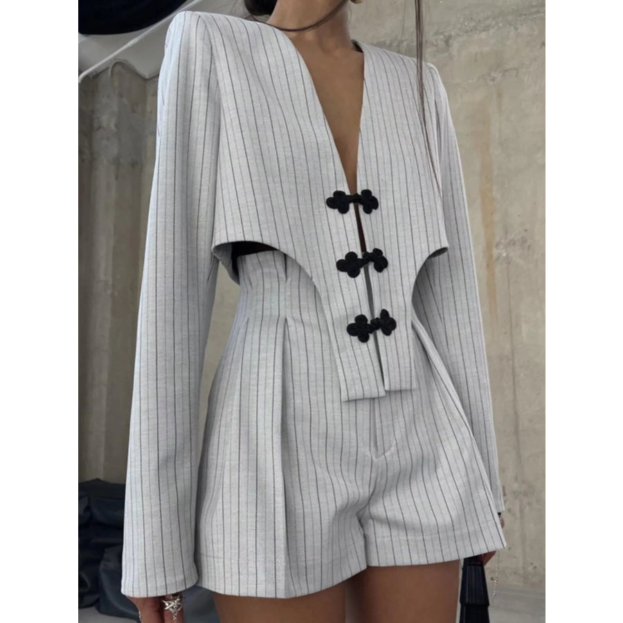 Pinstripe Cropped Blazer and Pleated Shorts Set Light Gray / S Apparel and Accessories