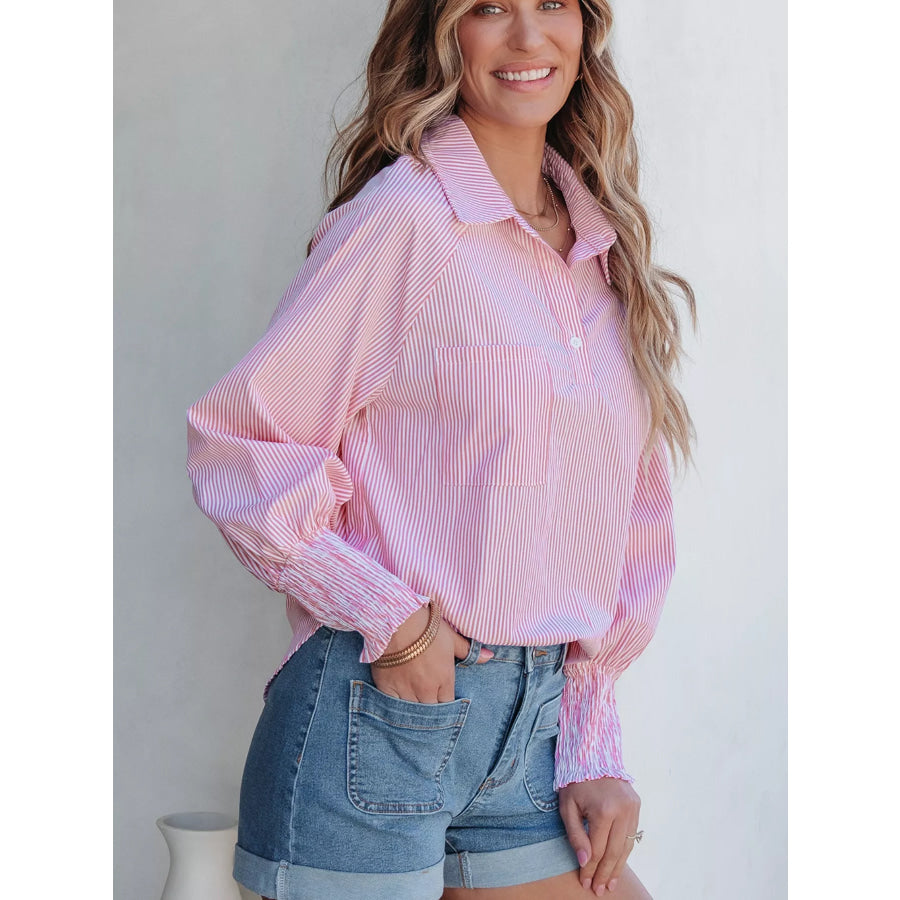 Pinstripe Long Sleeve Smocked Cuffs Button Shirt Collar Blouse Apparel and Accessories