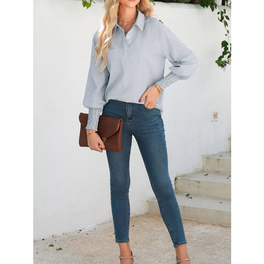 Pinstripe Long Sleeve Smocked Cuffs Button Shirt Collar Blouse Apparel and Accessories