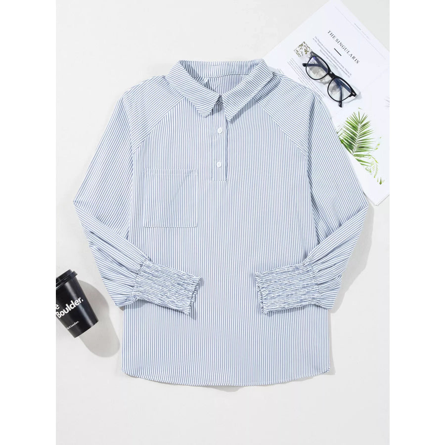 Pinstripe Long Sleeve Smocked Cuffs Button Shirt Collar Blouse Apparel and Accessories