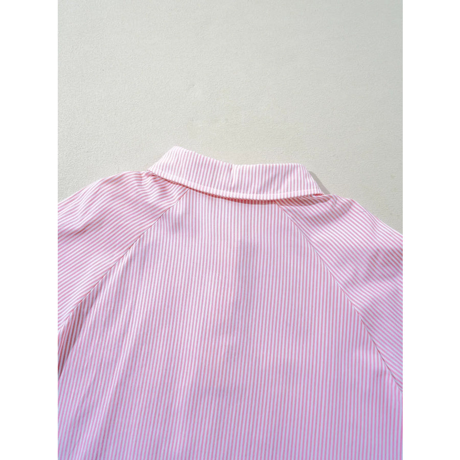 Pinstripe Long Sleeve Smocked Cuffs Button Shirt Collar Blouse Apparel and Accessories