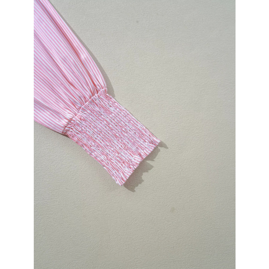 Pinstripe Long Sleeve Smocked Cuffs Button Shirt Collar Blouse Apparel and Accessories