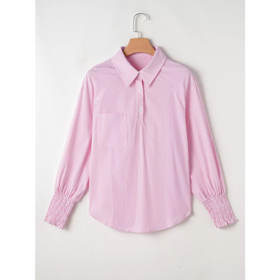 Pinstripe Long Sleeve Smocked Cuffs Button Shirt Collar Blouse Apparel and Accessories
