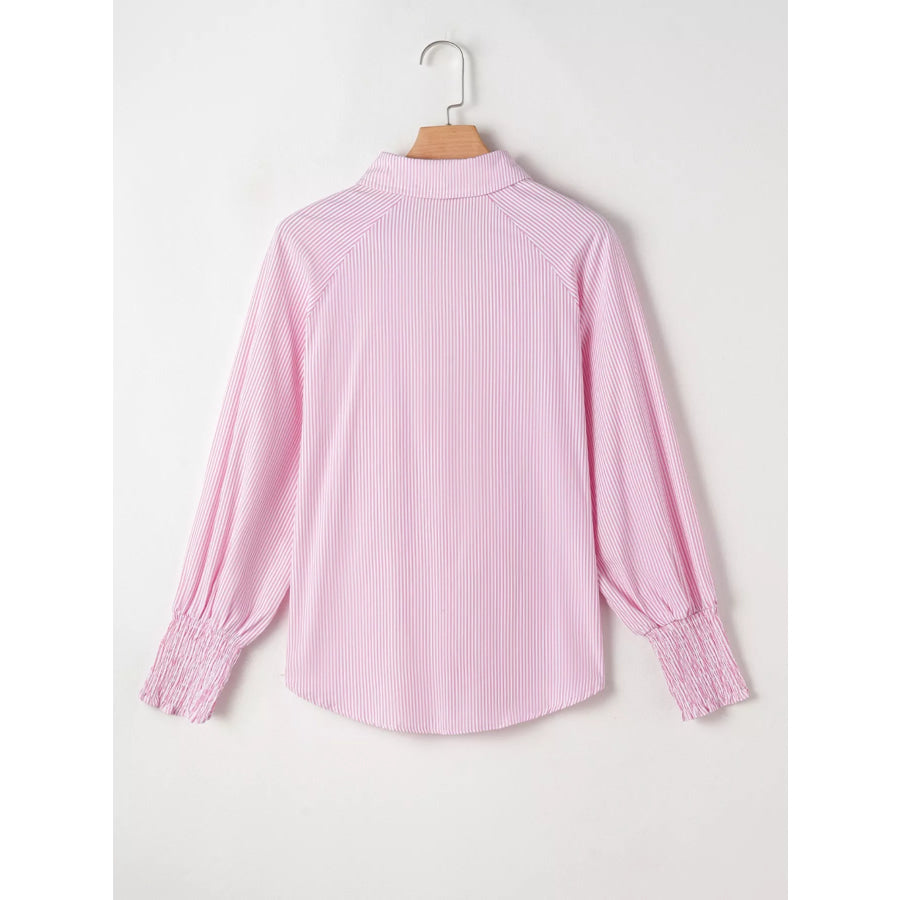 Pinstripe Long Sleeve Smocked Cuffs Button Shirt Collar Blouse Apparel and Accessories