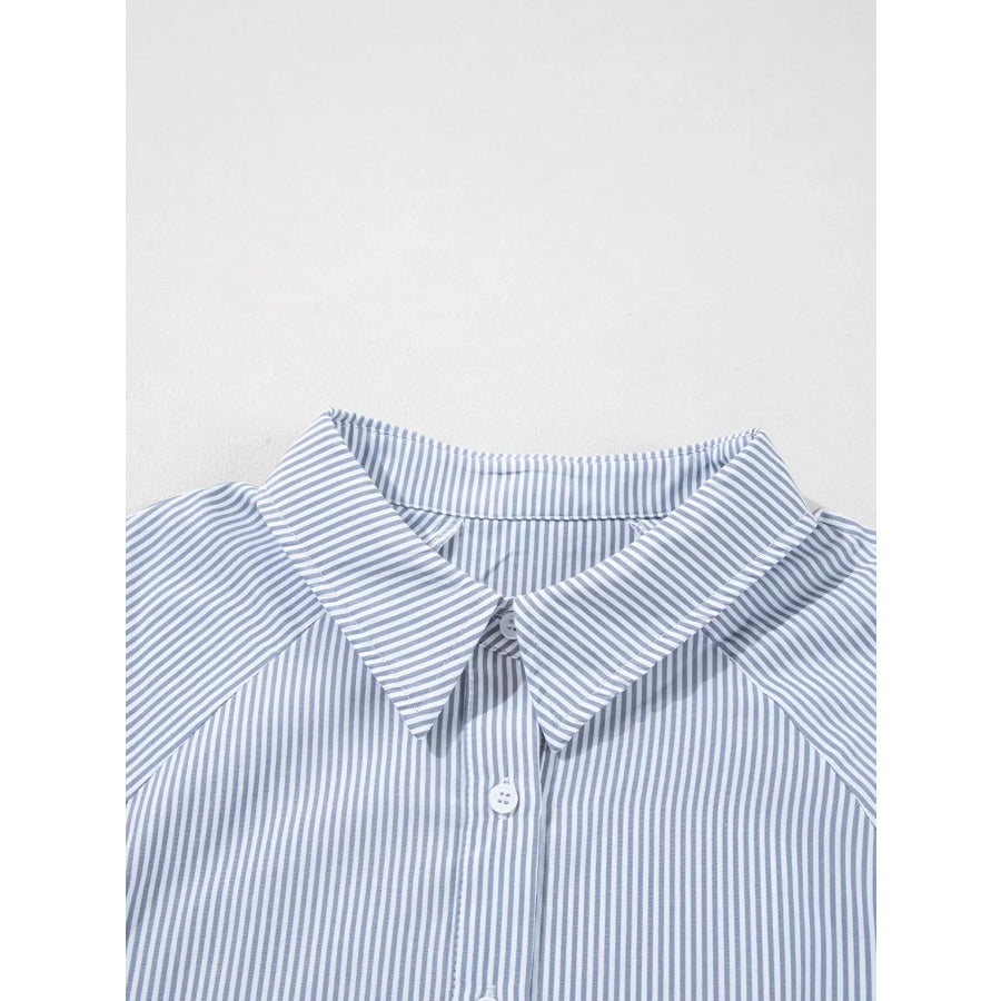 Pinstripe Long Sleeve Smocked Cuffs Button Shirt Collar Blouse Apparel and Accessories