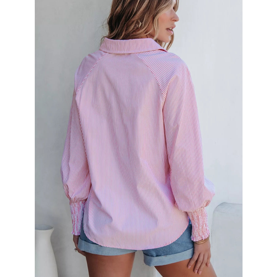 Pinstripe Long Sleeve Smocked Cuffs Button Shirt Collar Blouse Apparel and Accessories