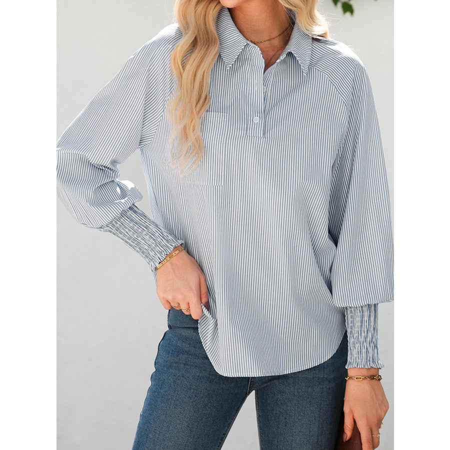 Pinstripe Long Sleeve Smocked Cuffs Button Shirt Collar Blouse Apparel and Accessories