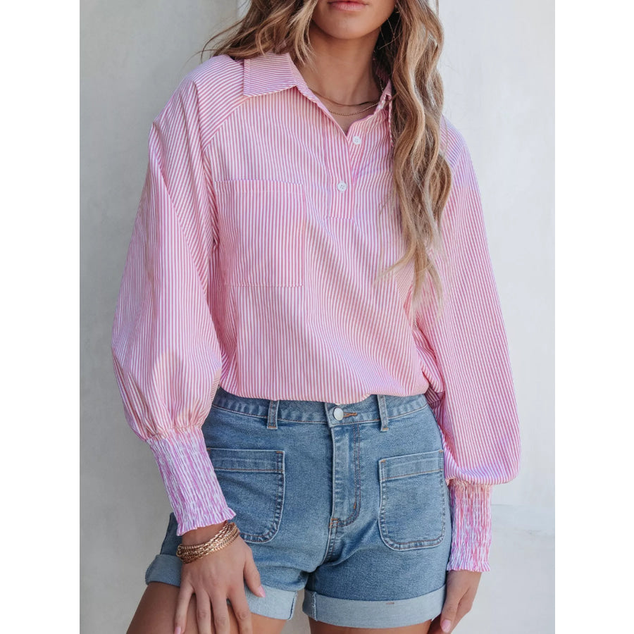 Pinstripe Long Sleeve Smocked Cuffs Button Shirt Collar Blouse Apparel and Accessories