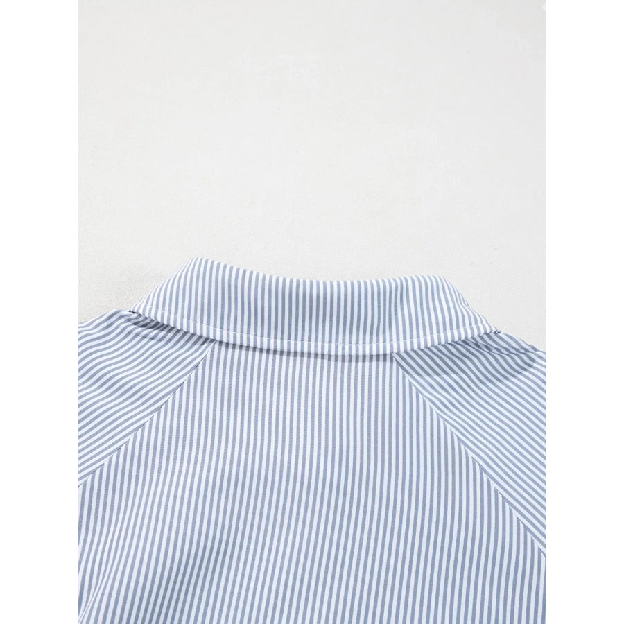 Pinstripe Long Sleeve Smocked Cuffs Button Shirt Collar Blouse Apparel and Accessories