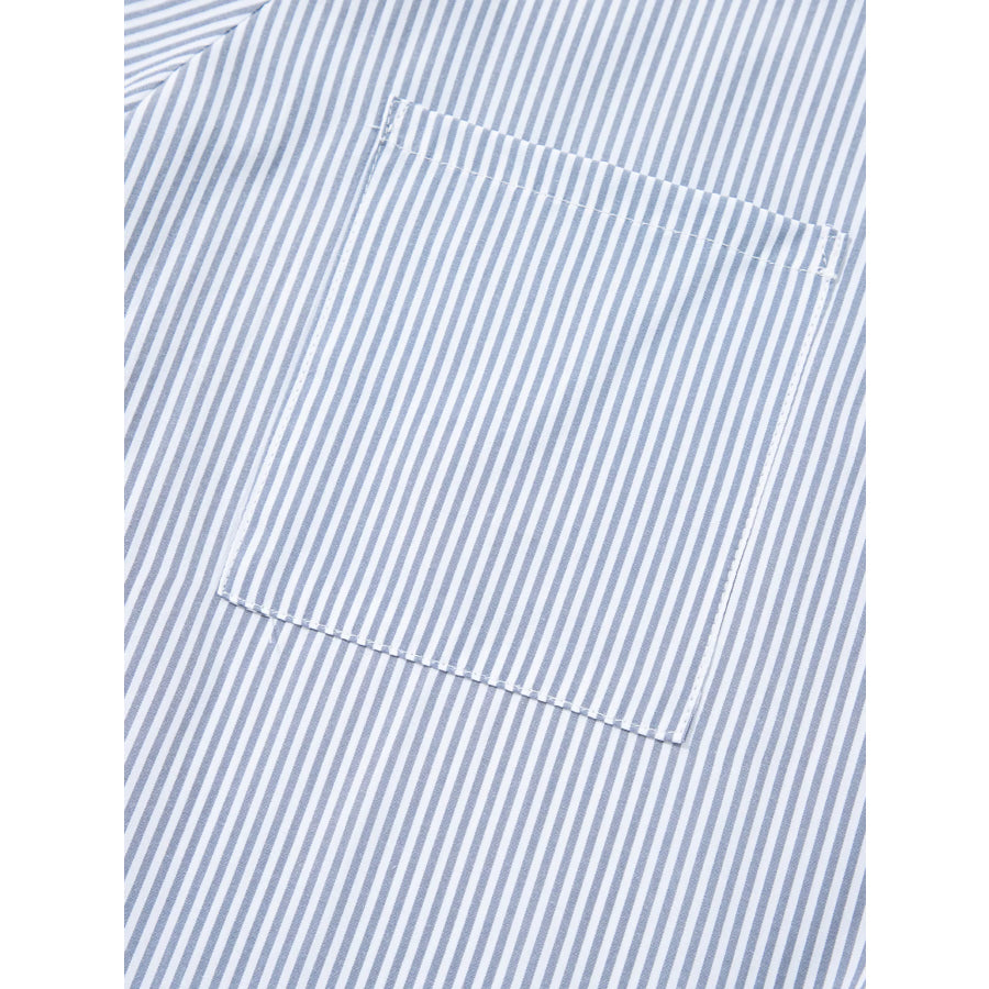 Pinstripe Long Sleeve Smocked Cuffs Button Shirt Collar Blouse Apparel and Accessories