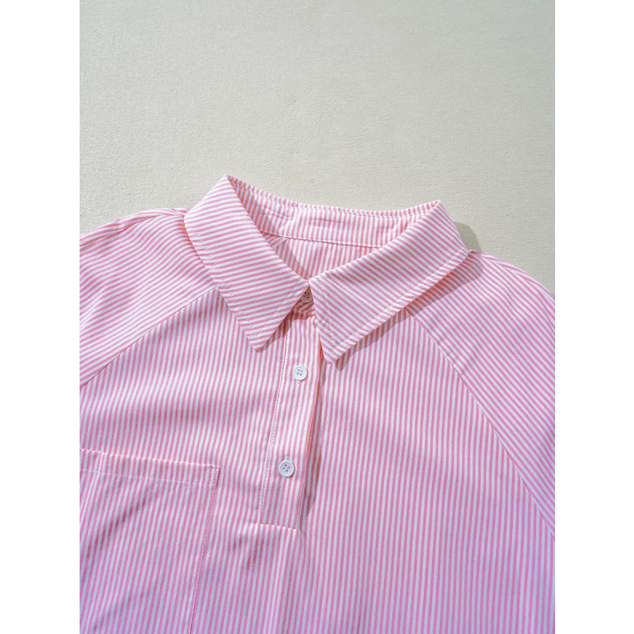 Pinstripe Long Sleeve Smocked Cuffs Button Shirt Collar Blouse Apparel and Accessories