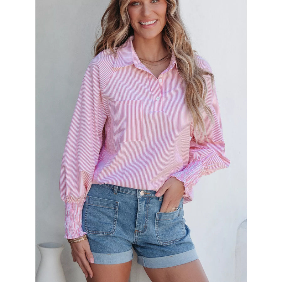 Pinstripe Long Sleeve Smocked Cuffs Button Shirt Collar Blouse Apparel and Accessories