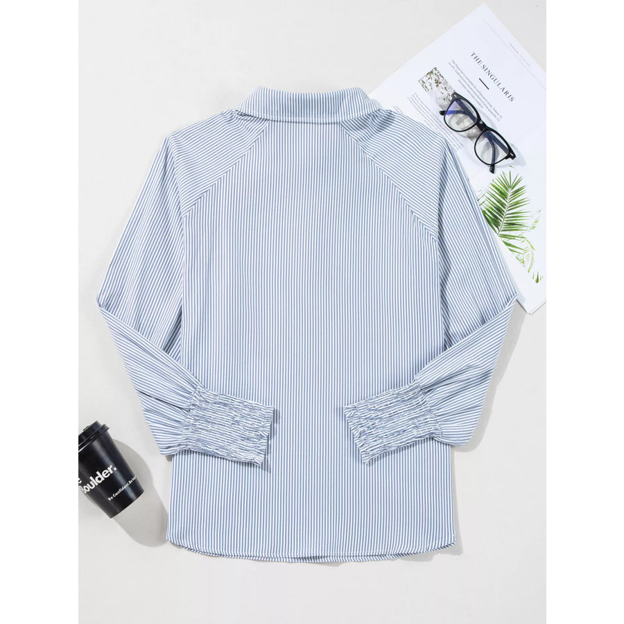 Pinstripe Long Sleeve Smocked Cuffs Button Shirt Collar Blouse Apparel and Accessories