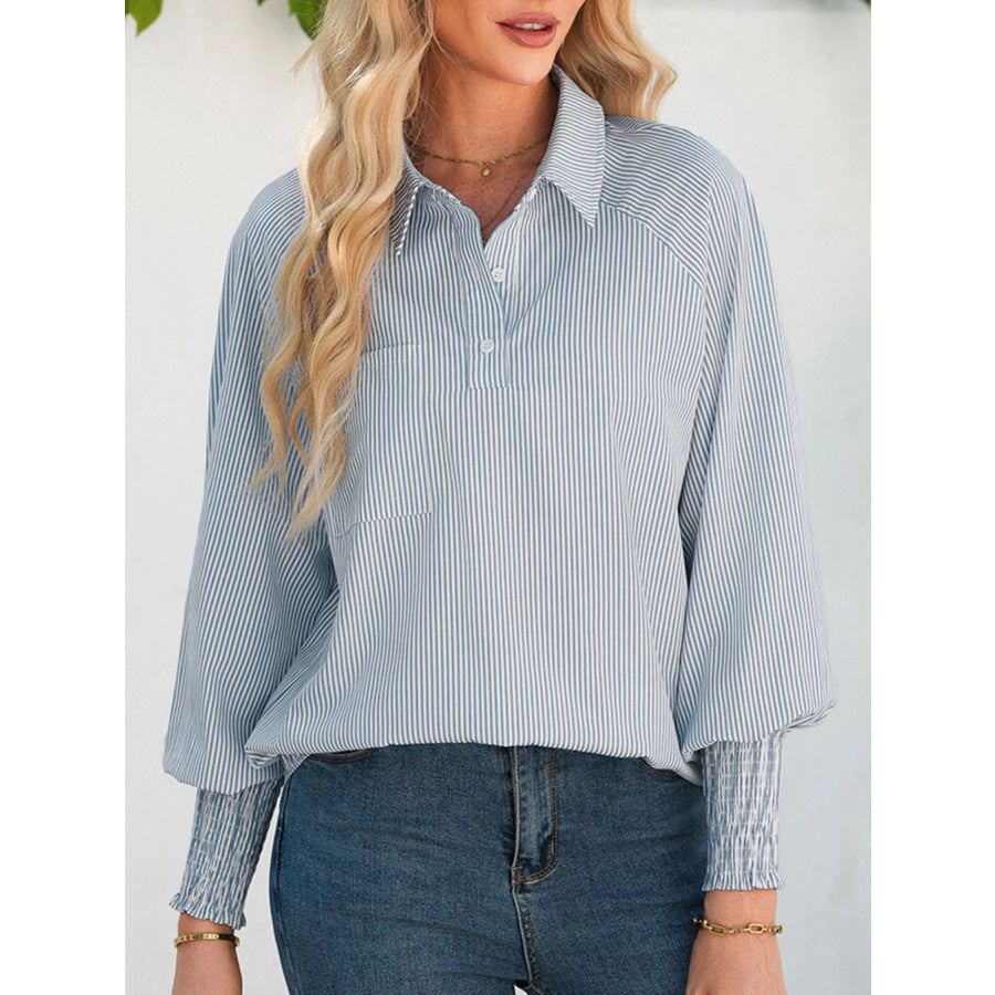 Pinstripe Long Sleeve Smocked Cuffs Button Shirt Collar Blouse Apparel and Accessories