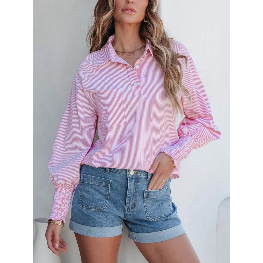 Pinstripe Long Sleeve Smocked Cuffs Button Shirt Collar Blouse Blush Pink / S Apparel and Accessories