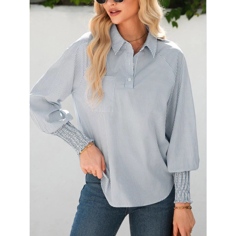 Pinstripe Long Sleeve Smocked Cuffs Button Shirt Collar Blouse Gray / S Apparel and Accessories
