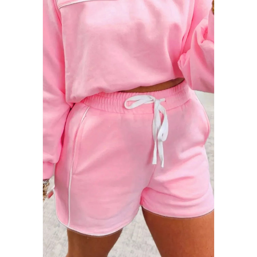Piping Trim Long Sporty Pullover Drawstring Elastic Waist Shorts Set Apparel and Accessories