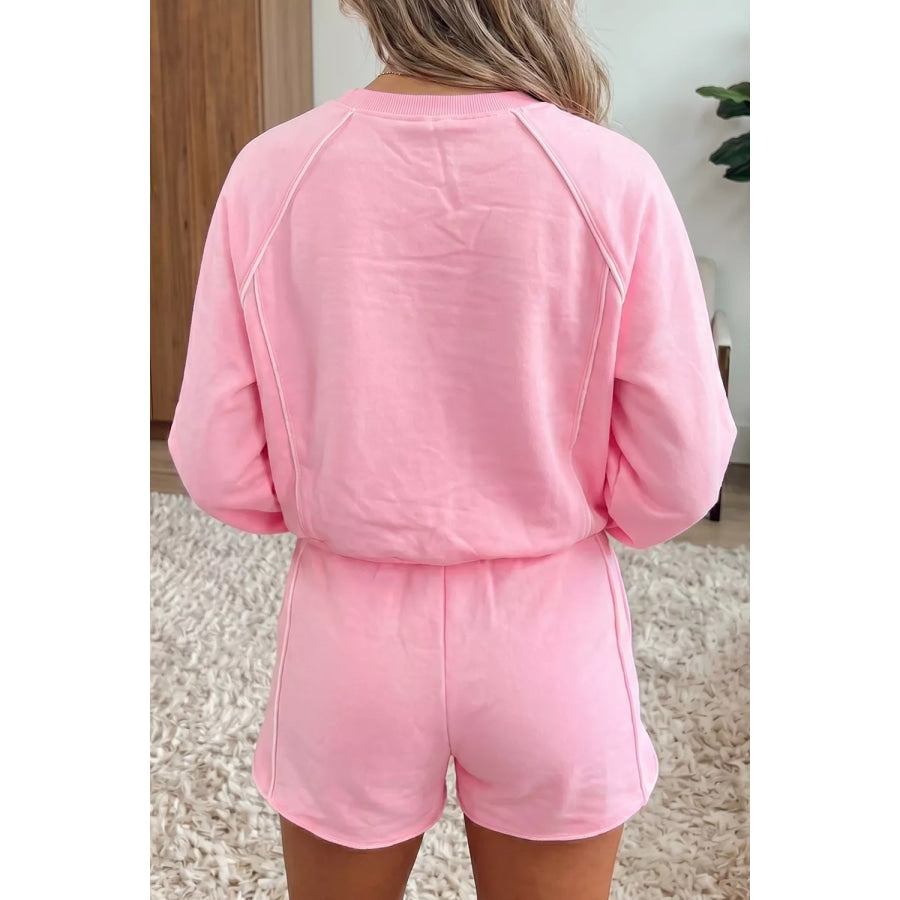 Piping Trim Long Sporty Pullover Drawstring Elastic Waist Shorts Set Apparel and Accessories