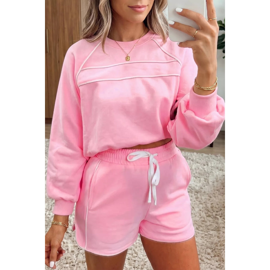 Piping Trim Long Sporty Pullover Drawstring Elastic Waist Shorts Set Pink / S Apparel and Accessories