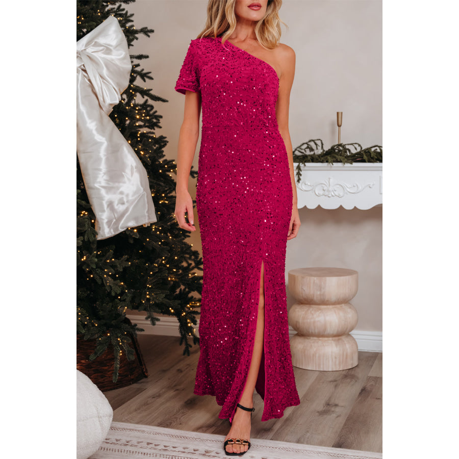 Pitaya Pink One Shoulder Thigh High Split Bodycon Sequin Gown Dresses/Sequin Dresses