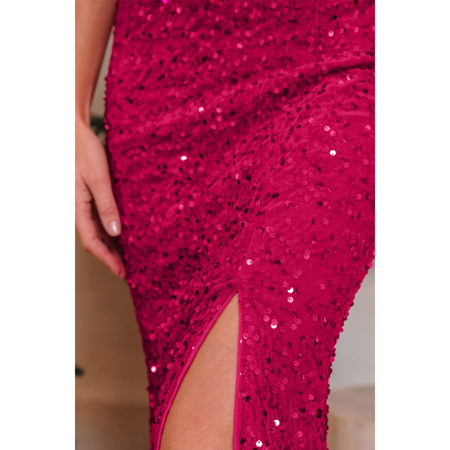 Pitaya Pink One Shoulder Thigh High Split Bodycon Sequin Gown Dresses/Sequin Dresses