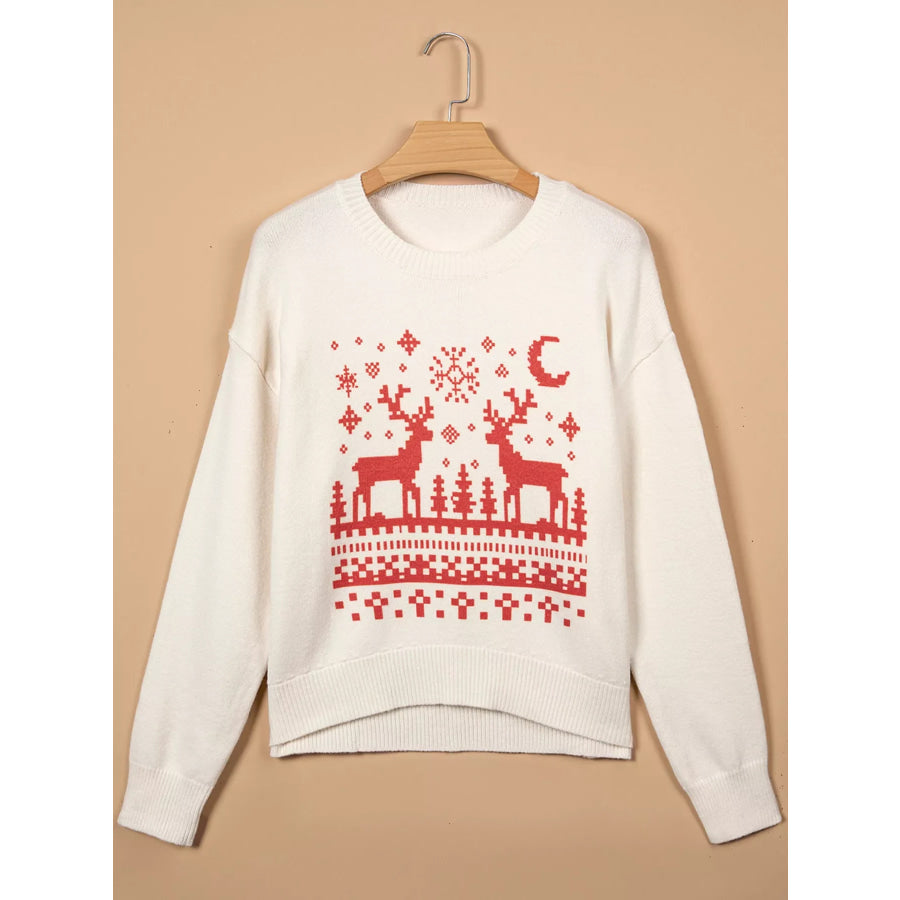 Pixel Snowflake Reindeer Christmas Round Neck Casual Sweater Apparel and Accessories