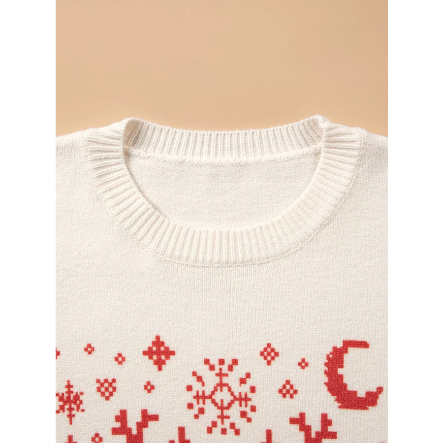Pixel Snowflake Reindeer Christmas Round Neck Casual Sweater Apparel and Accessories