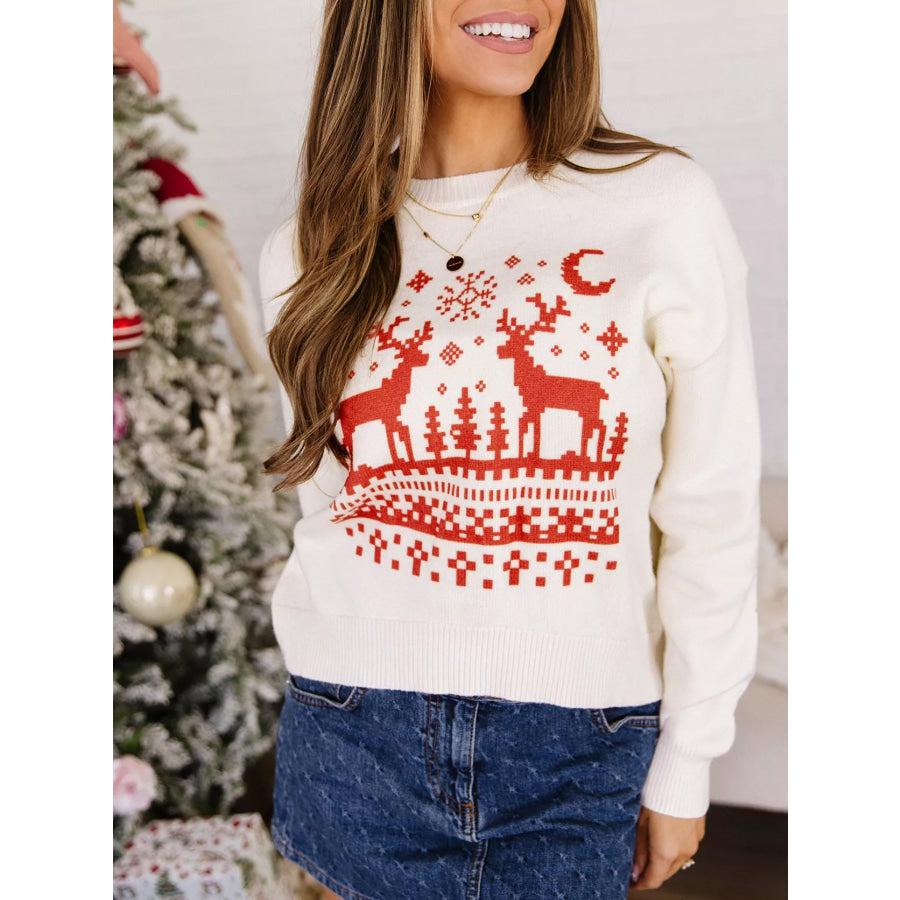 Pixel Snowflake Reindeer Christmas Round Neck Casual Sweater White / S Apparel and Accessories