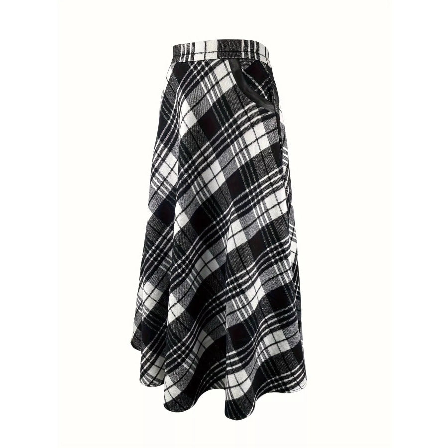 Plaid A-Line Midi Skirt with Pockets Apparel and Accessories
