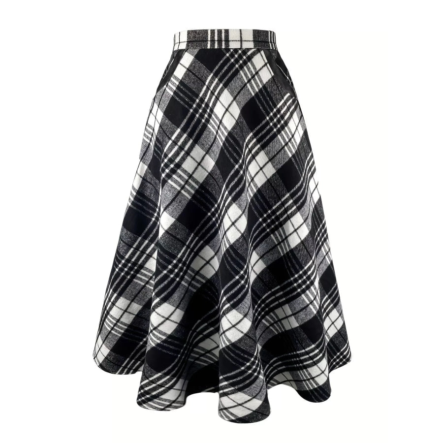 Plaid A-Line Midi Skirt with Pockets Apparel and Accessories